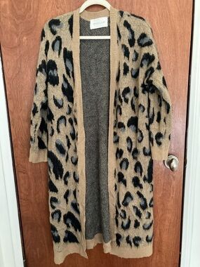 Leopard Print Open-Front Long Cardigan Sweater - Tan/Black
